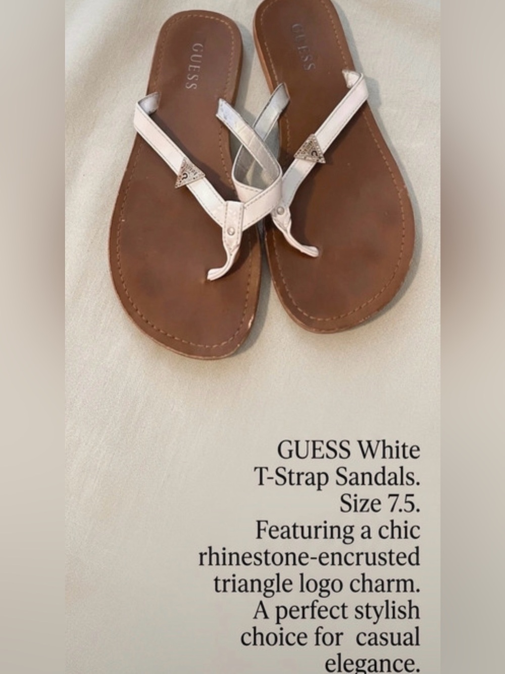 Guess White Rhinestone Triangle T-Strap Sandals with Brown Footbed